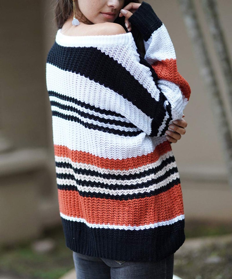 KIRUNDO Women's 2025 Fall Winter Striped Color Block Short Sweater Long Sleeve Crew Neck Casual Loose Knit Pullover Tops(Medium, 1977-Orange) - Image 4